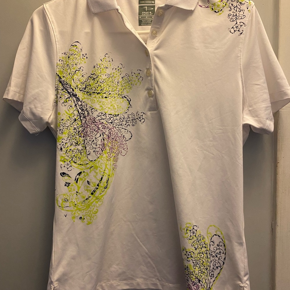 Ladies White Golf Polo with Yellow and Purple Design